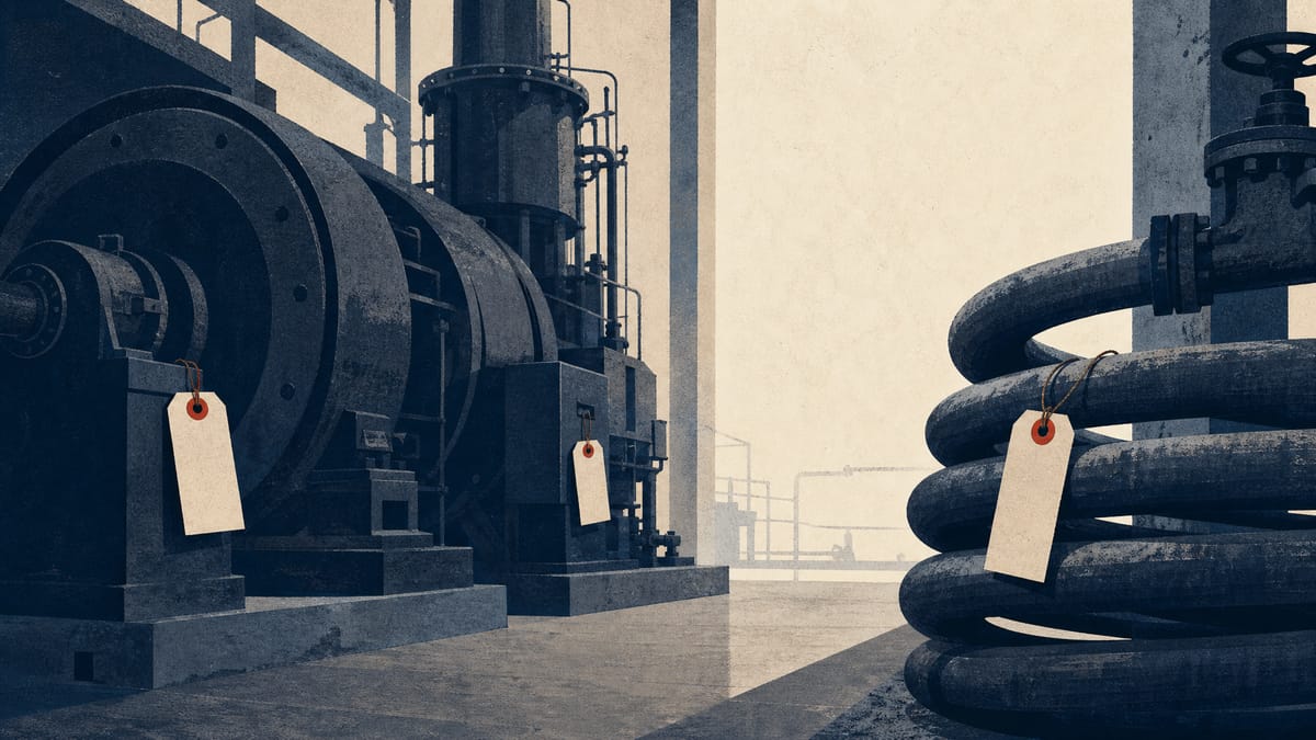 Idle machinery and cooling-water pipes inside a graphite processing plant after production was halted for inspection.