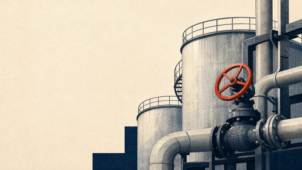 Illustration of chemical plant piping and storage tanks representing exposure to rising feedstock and manufacturing costs at a Japanese chemical maker.