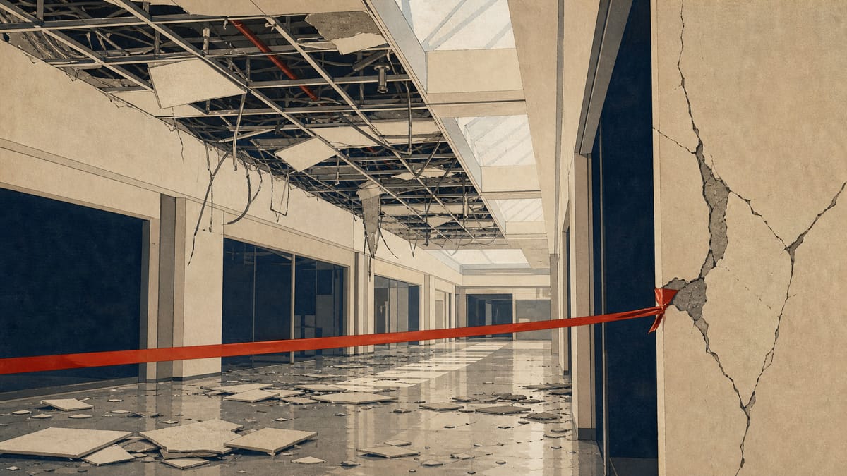 A shopping-mall corridor showing a partially collapsed ceiling grid, exposed sprinkler piping and cracked wall cladding after structural damage.