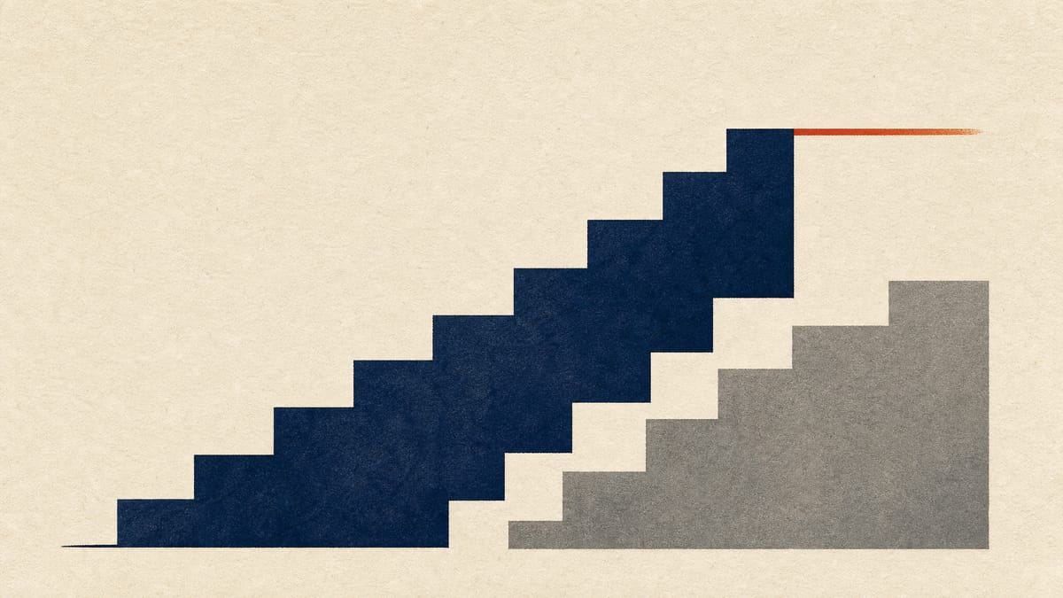 Editorial illustration of two ascending step-graphs in navy and grey representing competing takeover bid prices for a Tokyo-listed company, with a small vermillion accent marking the higher offer.