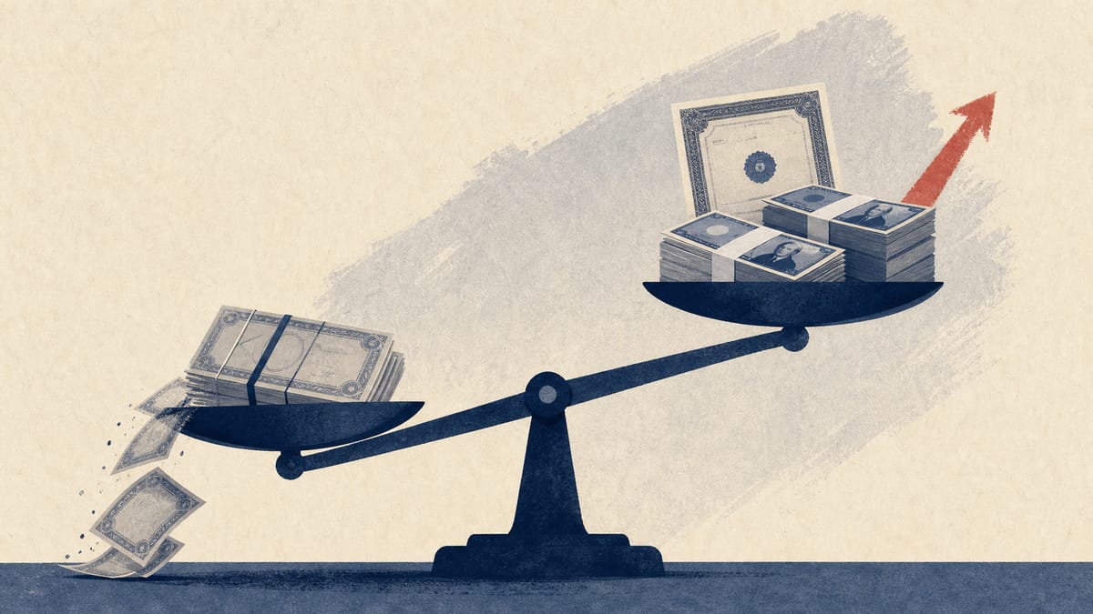 Illustration of a balance scale with bond certificates on one side and yen banknotes and stock certificates on the other, symbolizing a regional bank restructuring its securities portfolio.