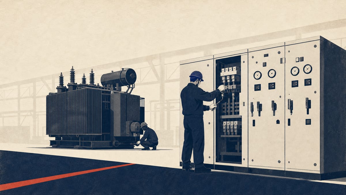 Workers assembling electrical switchgear and transformer equipment on an industrial production line.