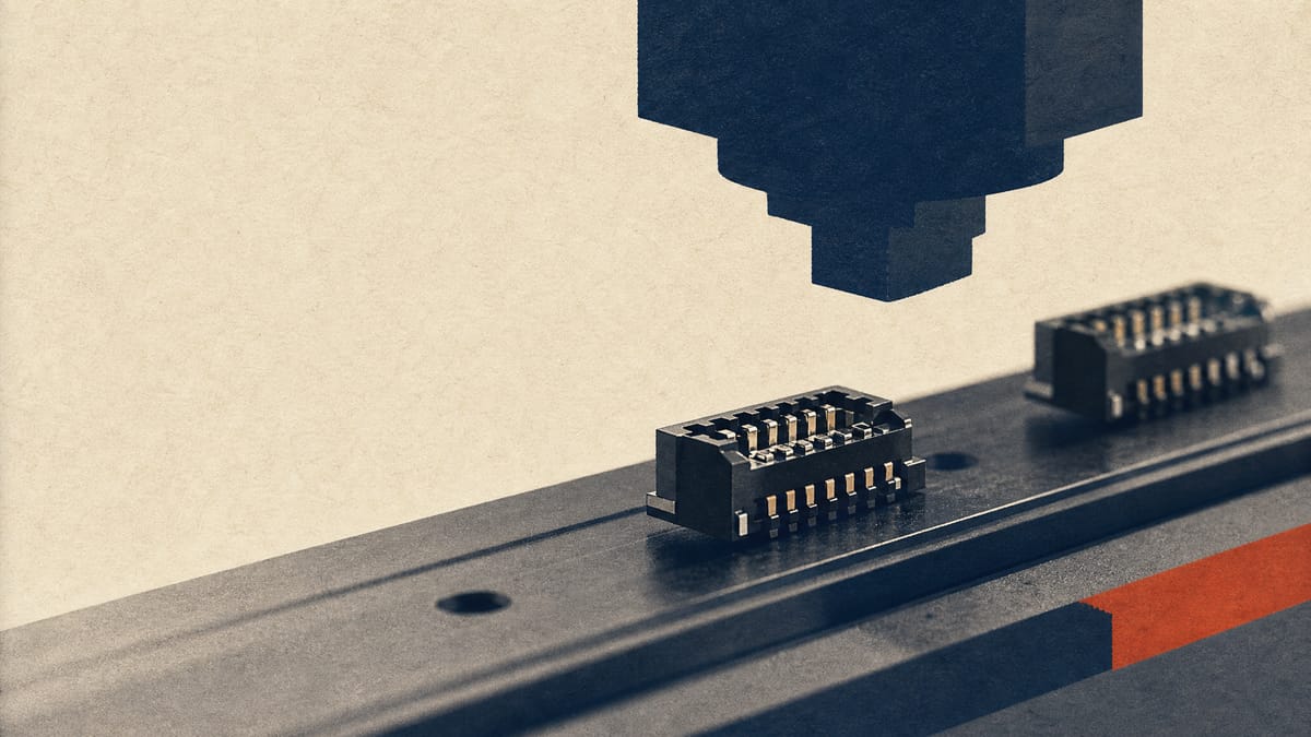 Close-up of small electronic connectors on a factory production line, evoking a components supplier facing a third-party committee investigation and delayed earnings disclosure.