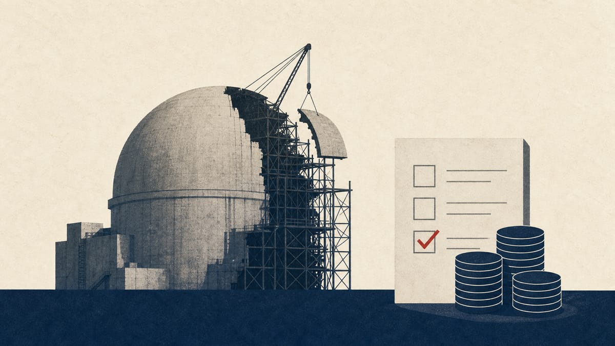 Illustration of a reactor containment structure under decommissioning scaffolding beside a stylized funding ledger and checklist, symbolizing new financial-disclosure requirements for reactor teardown.
