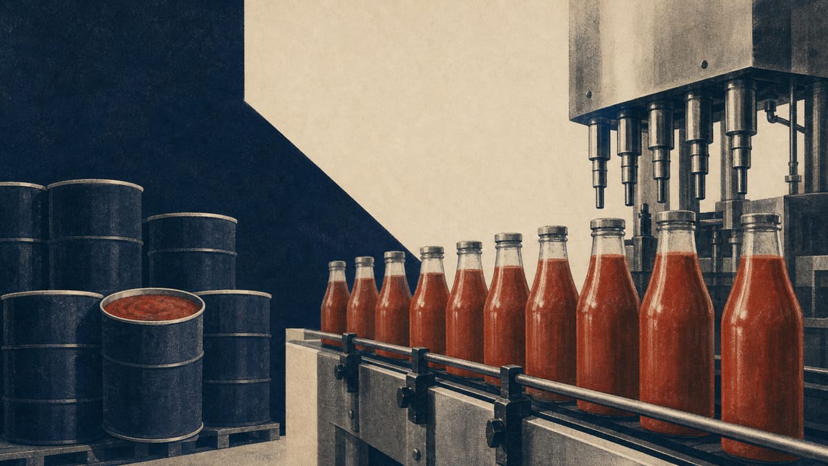 Bottling line with rows of vegetable and tomato juice containers alongside stacked processing drums, representing a food company's beverage and tomato-processing operations.