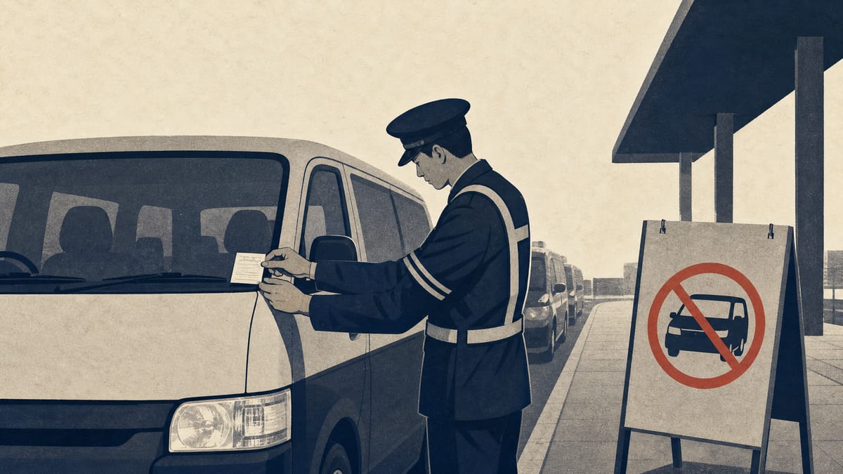 An inspector examines a vehicle permit sticker at a taxi and van pickup area, illustrating stricter licensing enforcement.