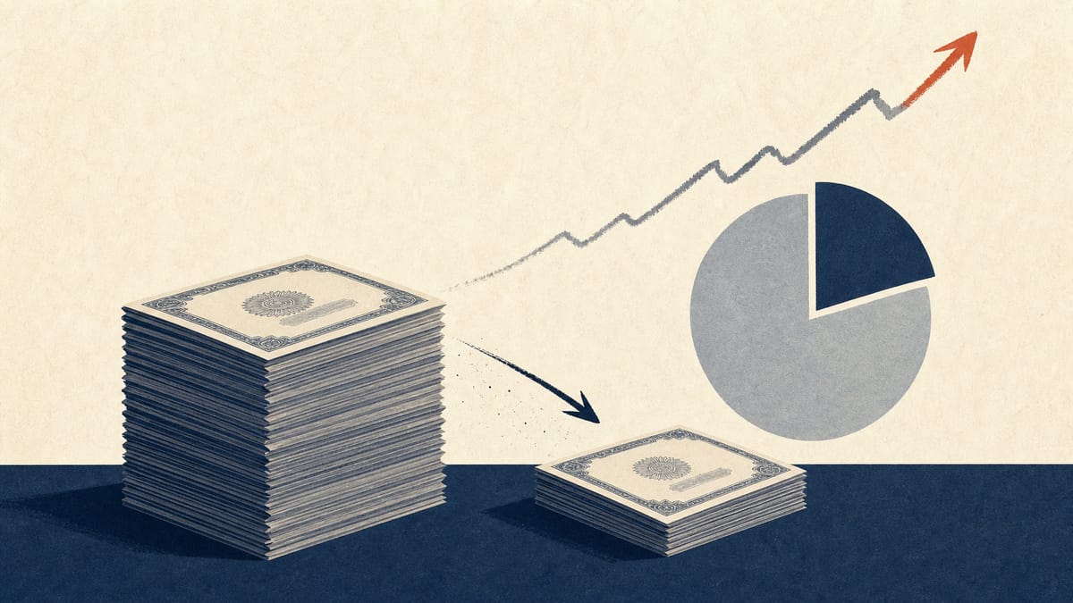 Editorial illustration of stock certificates being reduced and a shrinking ownership pie chart, symbolizing a corporate share buyback and treasury-share cancellation.