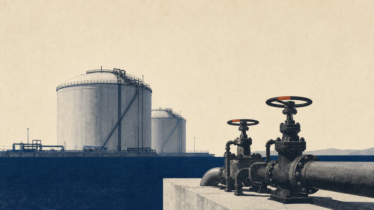 Editorial illustration of gas storage tanks and pipeline valves at an industrial terminal, representing a Japanese utility's fuel-cost supply chain.