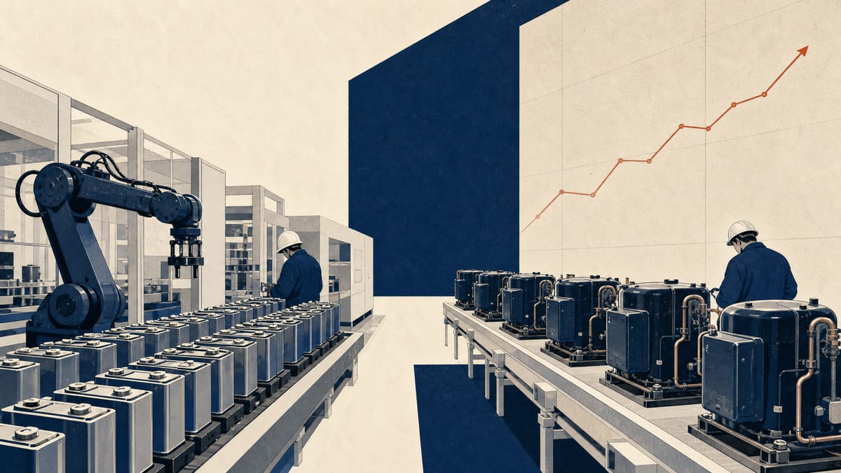 Illustration of a factory floor with battery and HVAC compressor assembly lines representing Panasonic's industrial and energy segments.