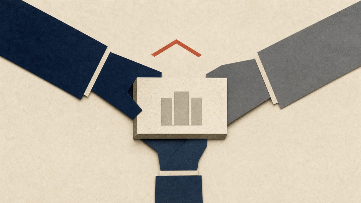 Abstract illustration of colored ownership blocks realigning around a corporate nameplate, representing a Japanese leasing company's ownership changing between a trust bank, a leasing firm and a regional financial group.