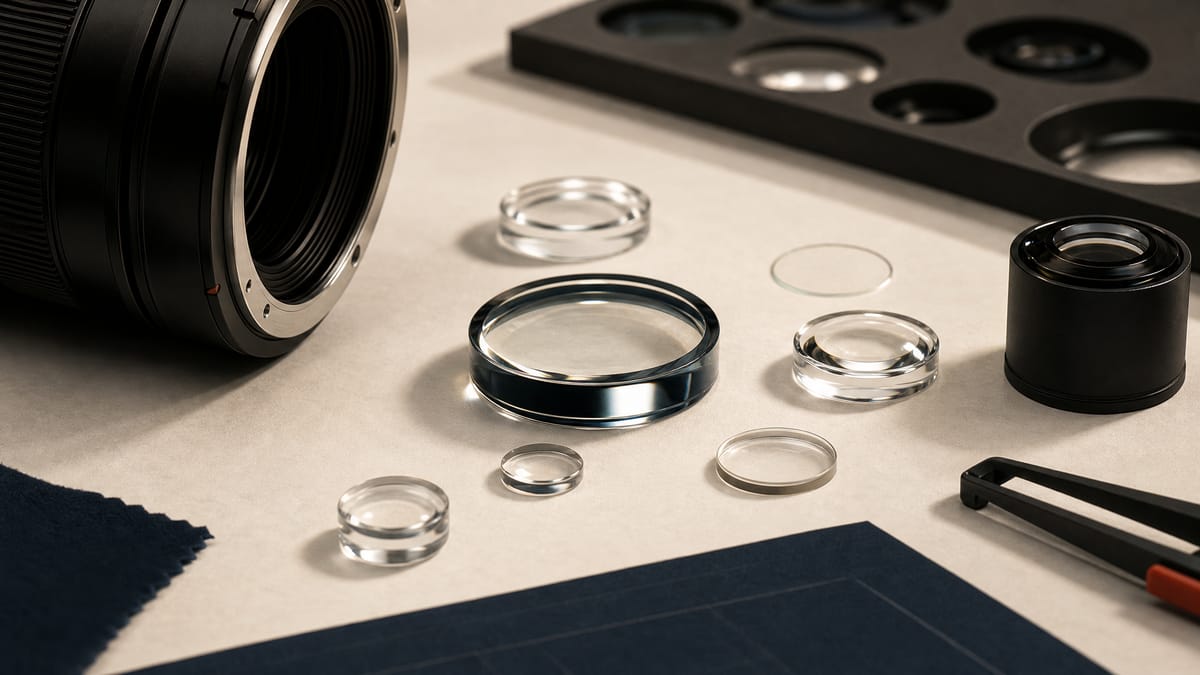 Close-up of precision camera lens elements on an optical lens manufacturing bench.