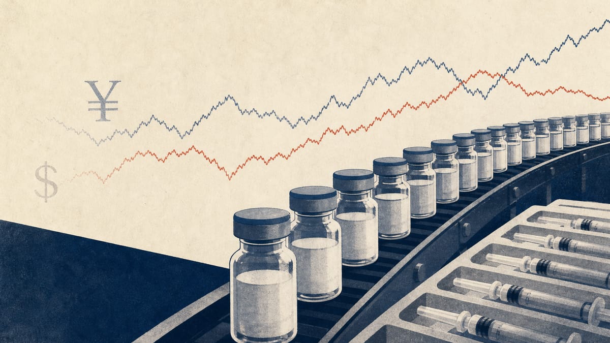 Editorial illustration of a pharmaceutical production line with vials and syringes, overlaid with faint currency exchange-rate line charts in yen and dollar tones.