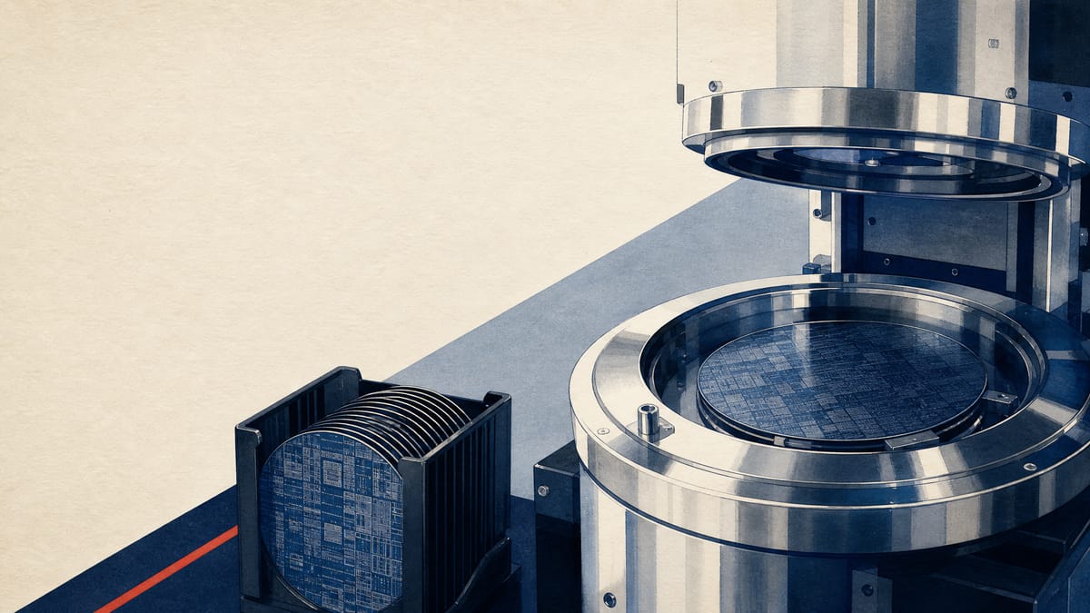 Illustration of a semiconductor wafer-processing chamber and a cassette of silicon wafers, representing chipmaking equipment demand.