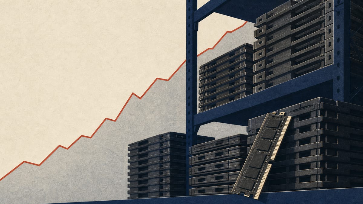 Editorial illustration of memory chip trays stacked in a distribution warehouse with a faint upward price-trend line overlay, symbolizing a chip distributor's earnings surge.