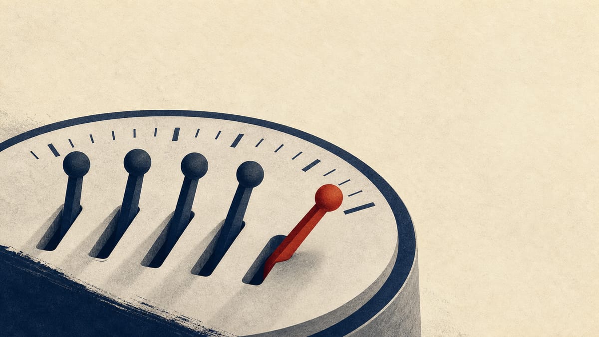 Illustration of a rate-setting dial held steady while one lever is pulled toward a higher setting, symbolizing a central bank board holding rates with one dissenting vote.