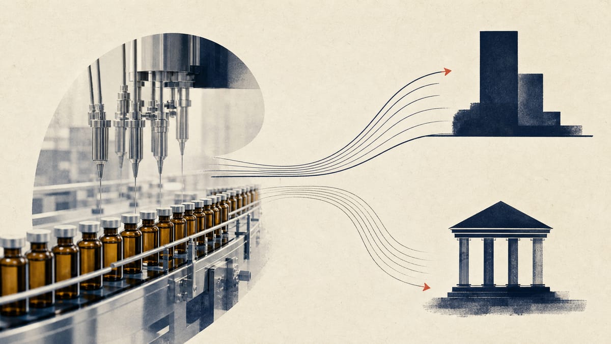 Illustration of pharmaceutical vials on a manufacturing line with abstract flow lines suggesting revenue and profit-sharing payments, representing Daiichi Sankyo's oncology-driven earnings.