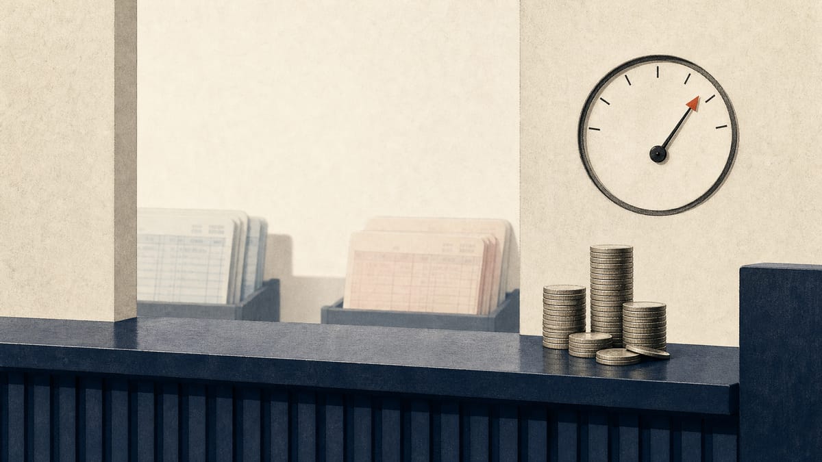 Illustration of a bank counter with stacked yen coins and a wall-mounted interest-rate dial pointing upward, representing rising loan income at a regional Japanese bank.