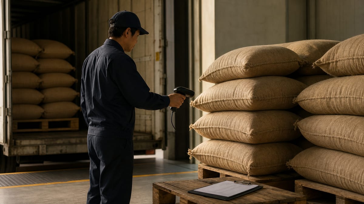 A warehouse worker scans stacked rice sacks on pallets as part of an inventory check.