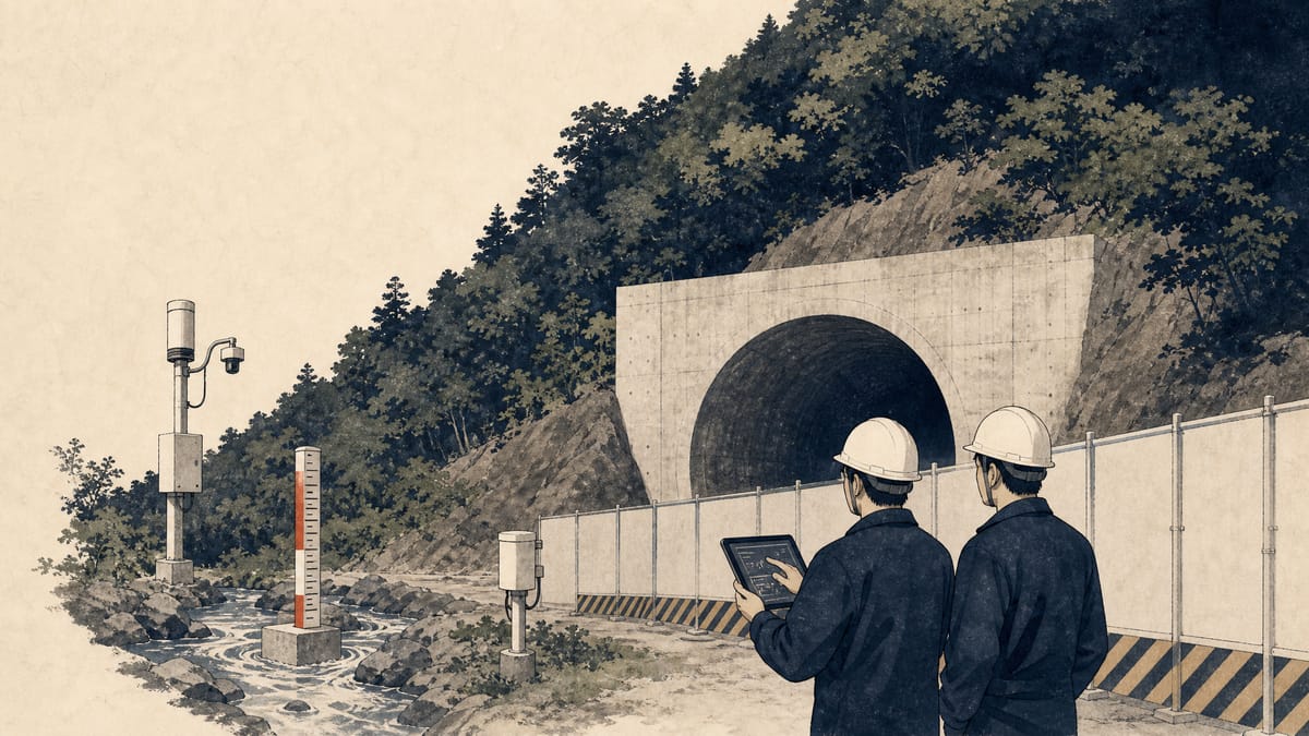 Illustration of a mountain tunnel construction site with environmental monitoring equipment, representing the conservation agreement tied to maglev tunnel work in Shizuoka.