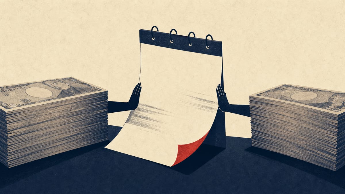 Illustration of two competing stacks of yen banknotes beside a calendar page showing an extended deadline, symbolizing a bidding contest over a tender offer.