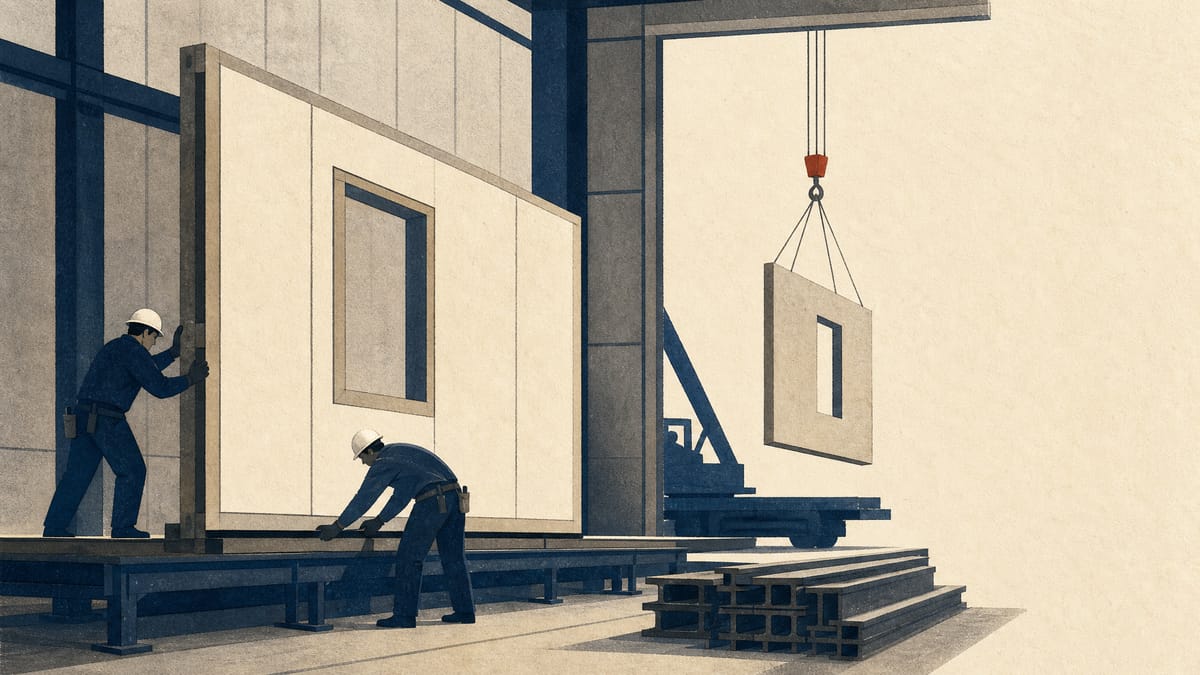 Workers assembling prefabricated housing wall panels on a factory floor, with structural framing components stacked for shipment.