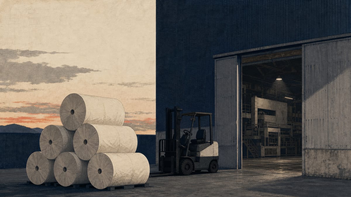 Editorial illustration of a shuttered paper mill loading dock with stacked paper rolls and an idle forklift, representing a production halt after an earthquake.