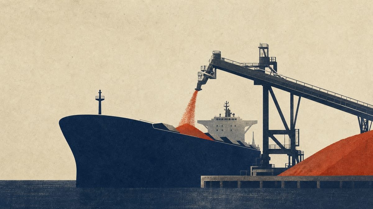 A dry-bulk carrier being loaded with iron ore at a port terminal, representing the shipping company at the center of the takeover.