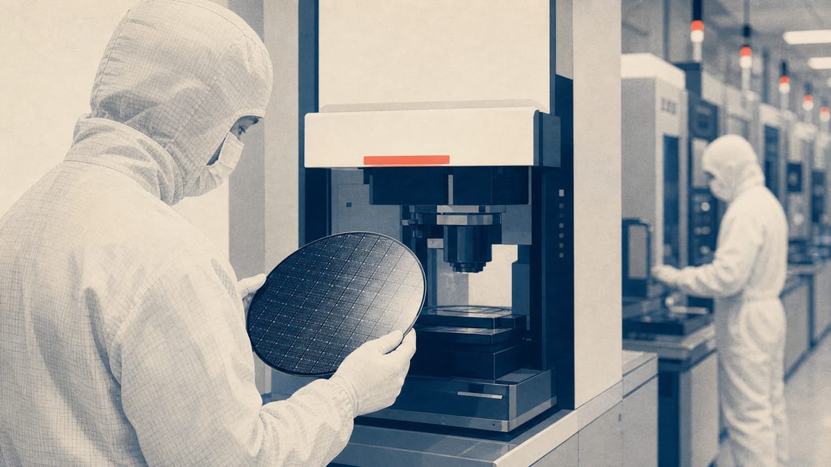 Illustration of technicians in cleanroom suits inspecting silicon wafer equipment on a semiconductor production line.