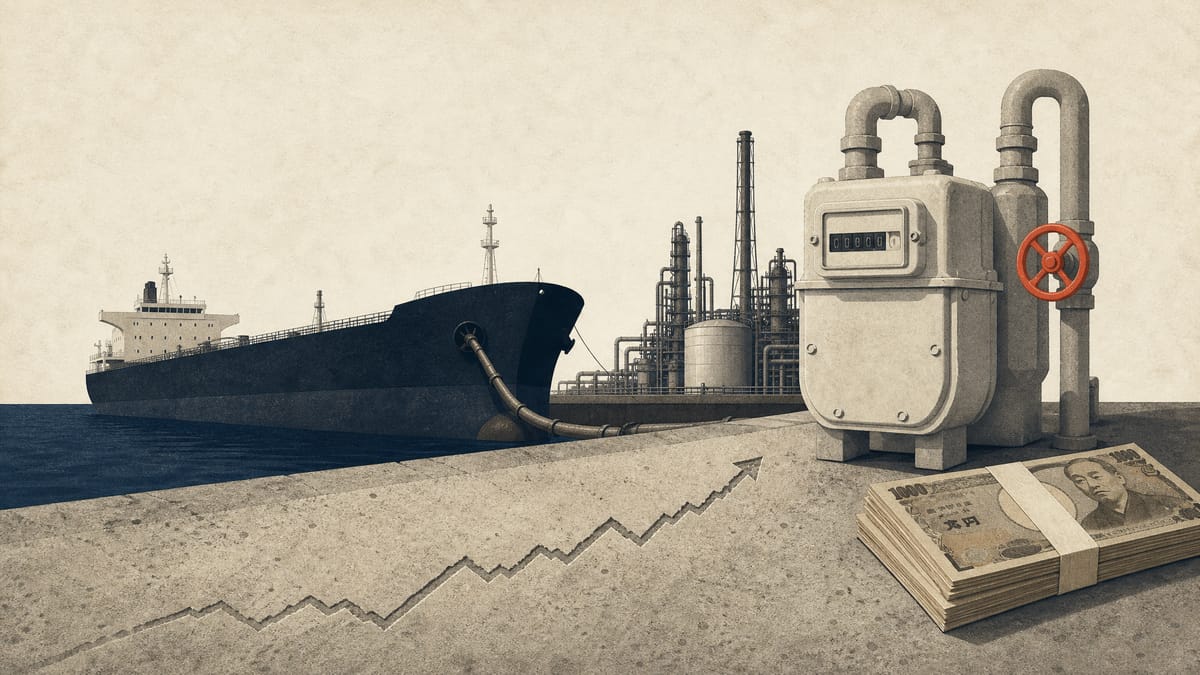 Editorial illustration of an oil tanker at a refinery dock next to a household gas meter and stacked yen banknotes, symbolizing rising energy costs feeding into Japanese consumer prices.
