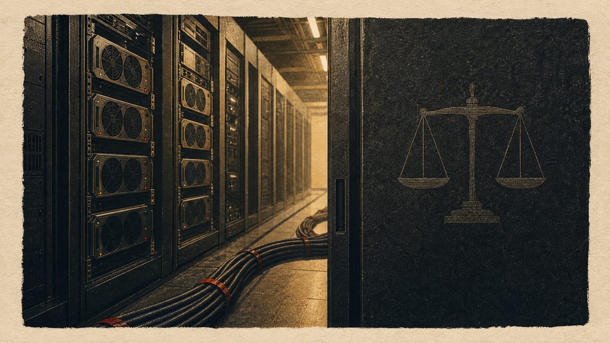 Editorial illustration of GPU server racks in a data center with a faint scales-of-justice motif, representing the legal dispute over AI infrastructure hardware procurement.