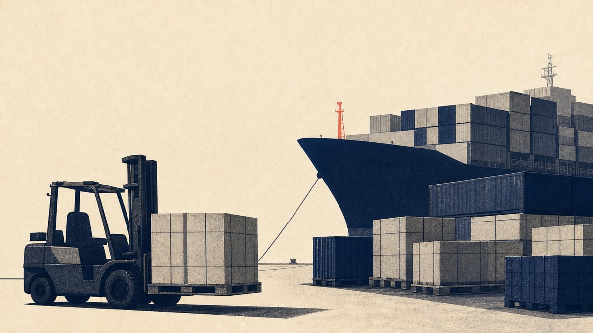 Cargo containers and freight pallets stacked at a shipping yard with a forklift moving inventory, illustrating the supply-chain and inventory pressures behind Isuzu's quarterly cash flow swing.