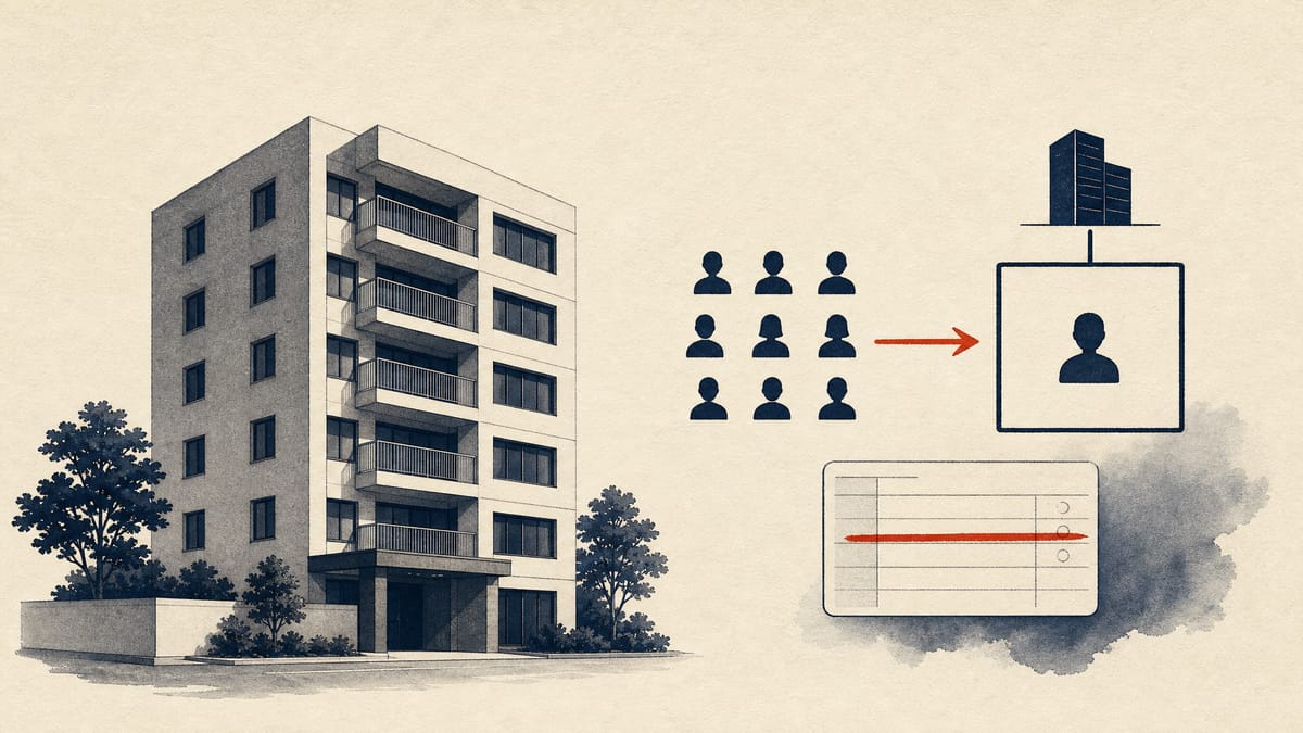 Illustration of a Tokyo apartment building with an ownership-transfer diagram and a crossed-out dividend line, symbolizing a company going private.