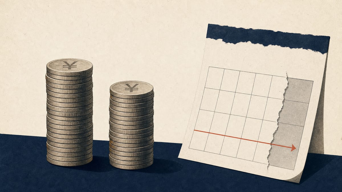 Editorial illustration of two uneven stacks of yen coins beside a calendar page with an extended date, symbolizing competing buyout bids and a shifted deadline for a Japanese internet company.