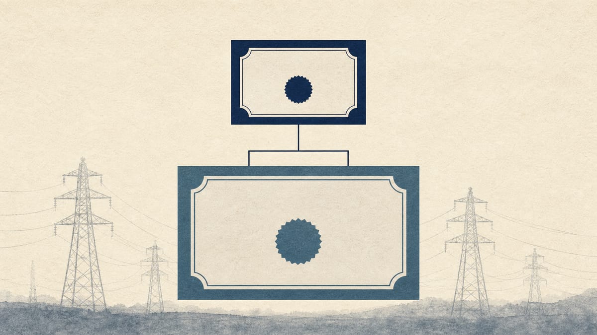 Illustration of a small abstract share-certificate shape stacked above a larger one, linked by faint lines, with soft power transmission towers in the background, representing a new holding company forming above an electric utility.