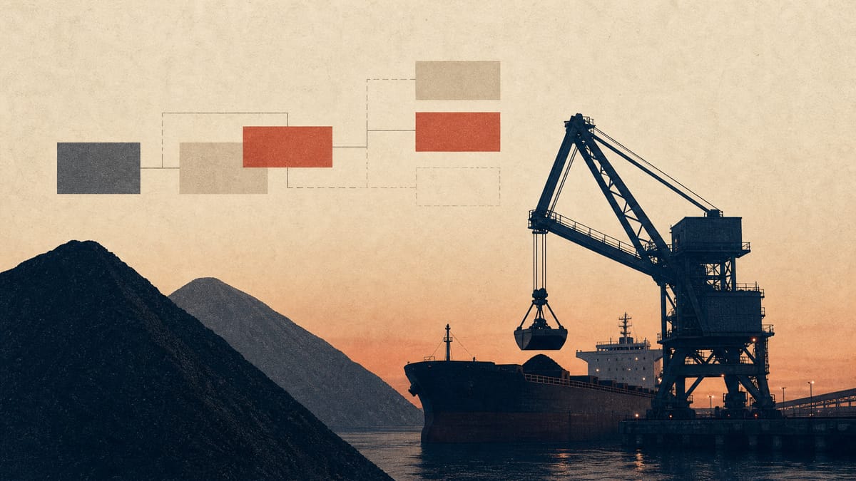 Editorial illustration of a bulk cargo terminal with coal and ore stockpiles being loaded onto a ship, with a subtle abstract ownership-diagram overlay suggesting a corporate restructuring.