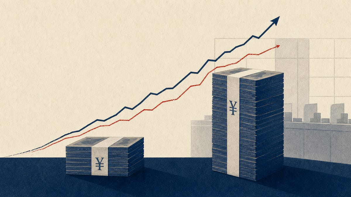 Abstract illustration of rising yen ledger columns and a widening interest-rate spread line graph representing a bank's quarterly earnings.