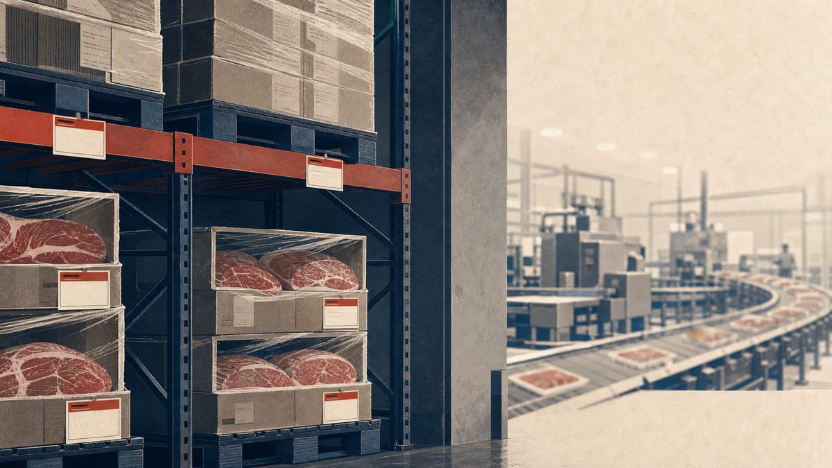 Illustration of a meat cold-storage warehouse with stacked pallets of imported meat cuts and price tags, with a food-processing conveyor line visible in the background.