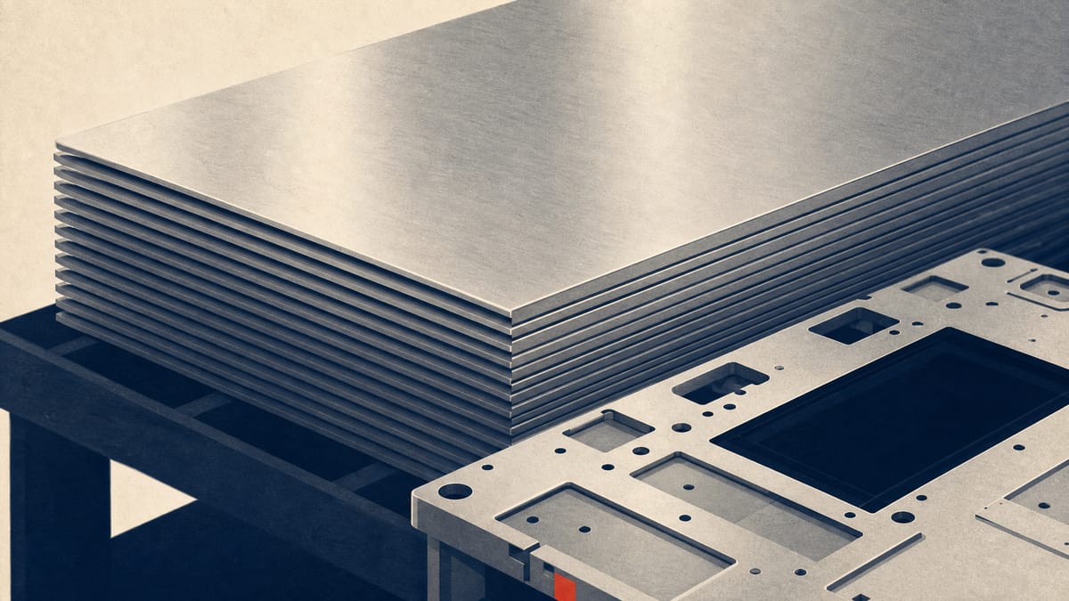 Stacked aluminum plates on an industrial production line, referencing materials used in semiconductor manufacturing equipment.