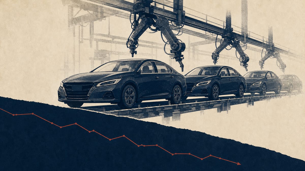 Editorial illustration of cars on an automotive assembly line beneath robotic arms, with a subtle downward-trending data line overlay suggesting a shrinking cash position.