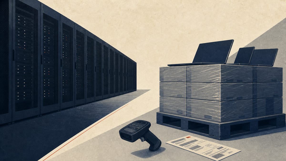 Server racks and pallets of laptop boxes in a distribution warehouse, evoking an IT equipment reseller's operations.