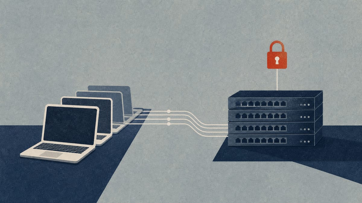 Illustration of office laptops, network switches and a padlock icon connected by data-flow lines, representing enterprise IT and AI security spending.