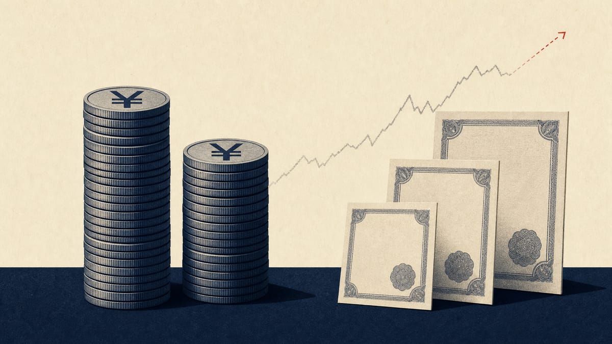 Illustration of yen coin stacks beside a staircase of small warrant certificates and a faint rising price line, representing a share buyback whose final settlement price is still pending.