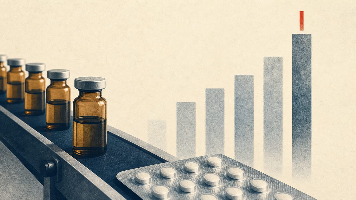 Pharmaceutical vials on a manufacturing line with an abstract rising bar-chart overlay symbolizing acquisition-driven revenue growth.