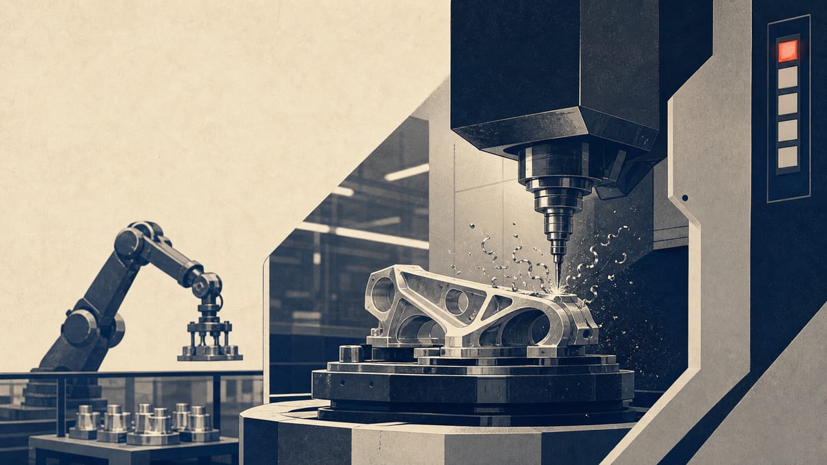 A five-axis CNC machining center cutting a metal part on a factory floor, with a robotic loading arm and status gauges visible in the background.