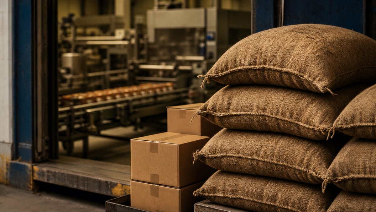 Sacks of raw spice ingredients and shipping crates on a factory loading dock, evoking rising import costs for a Japanese food maker.