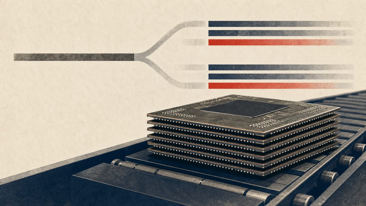 Stacked semiconductor package substrates on a factory conveyor line with an abstract doubling-bars motif in the background suggesting a stock split.