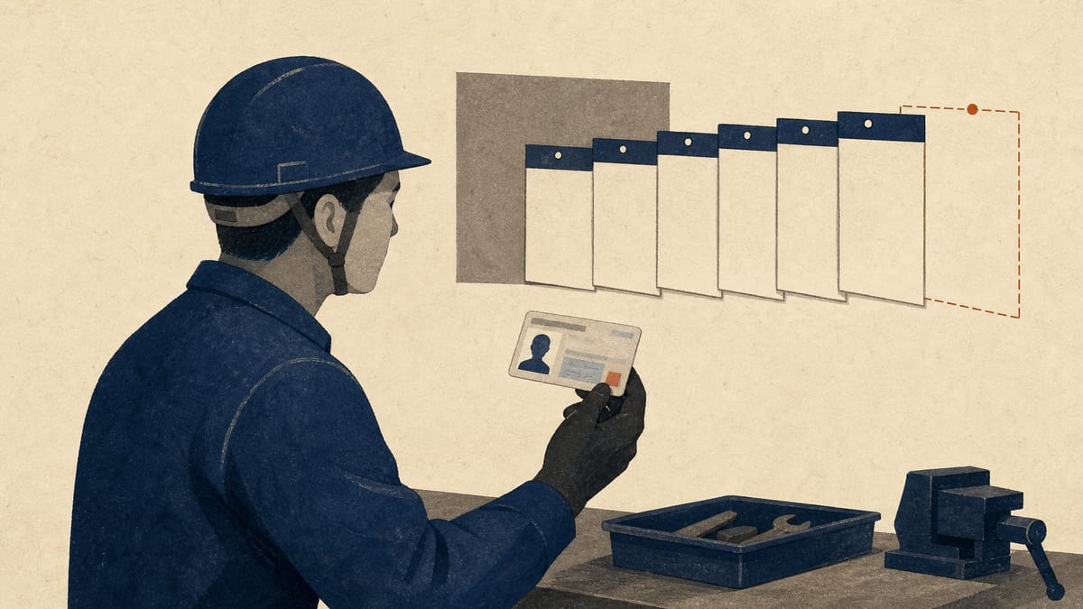 Illustration of a foreign skilled worker holding a Japanese residence card at a workbench, with a calendar in the background suggesting an extended stay period.