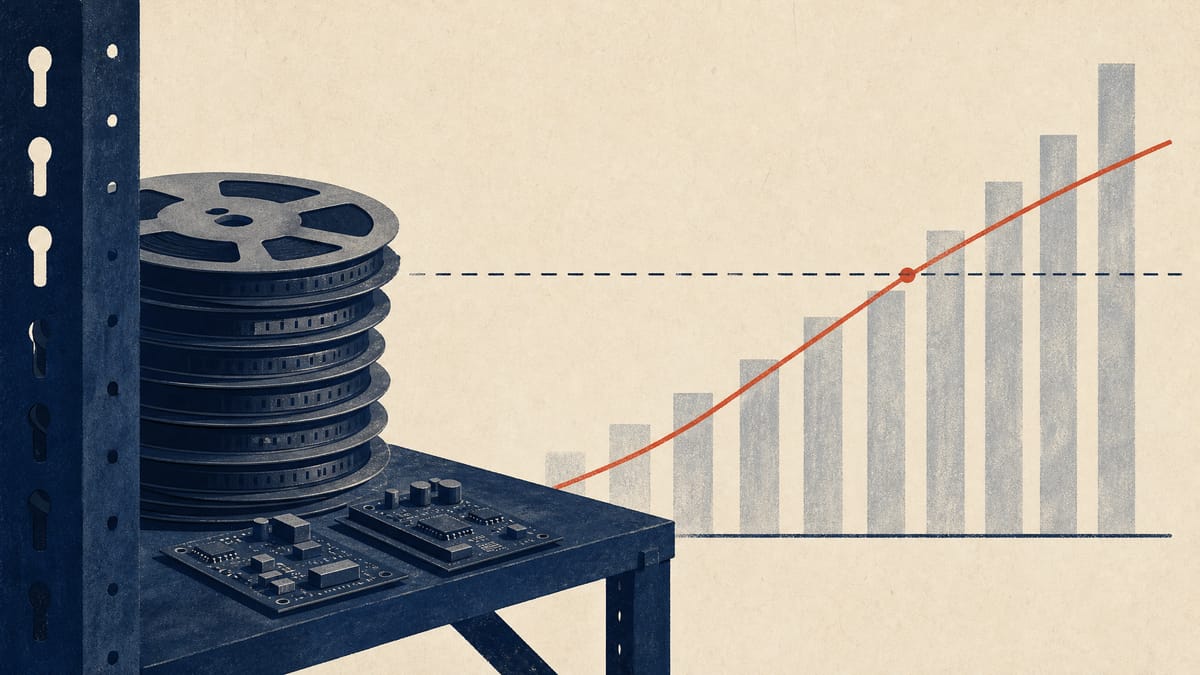 Illustration of electronic component reels on a warehouse shelf beside an abstract bar chart showing an ownership stake rising past the majority threshold.