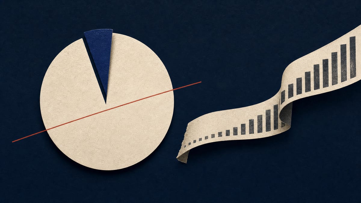 Illustration of a shrinking ownership wedge within a circular chart next to a ticker-tape ribbon, representing a shareholder's stake being diluted after a new public share offering.