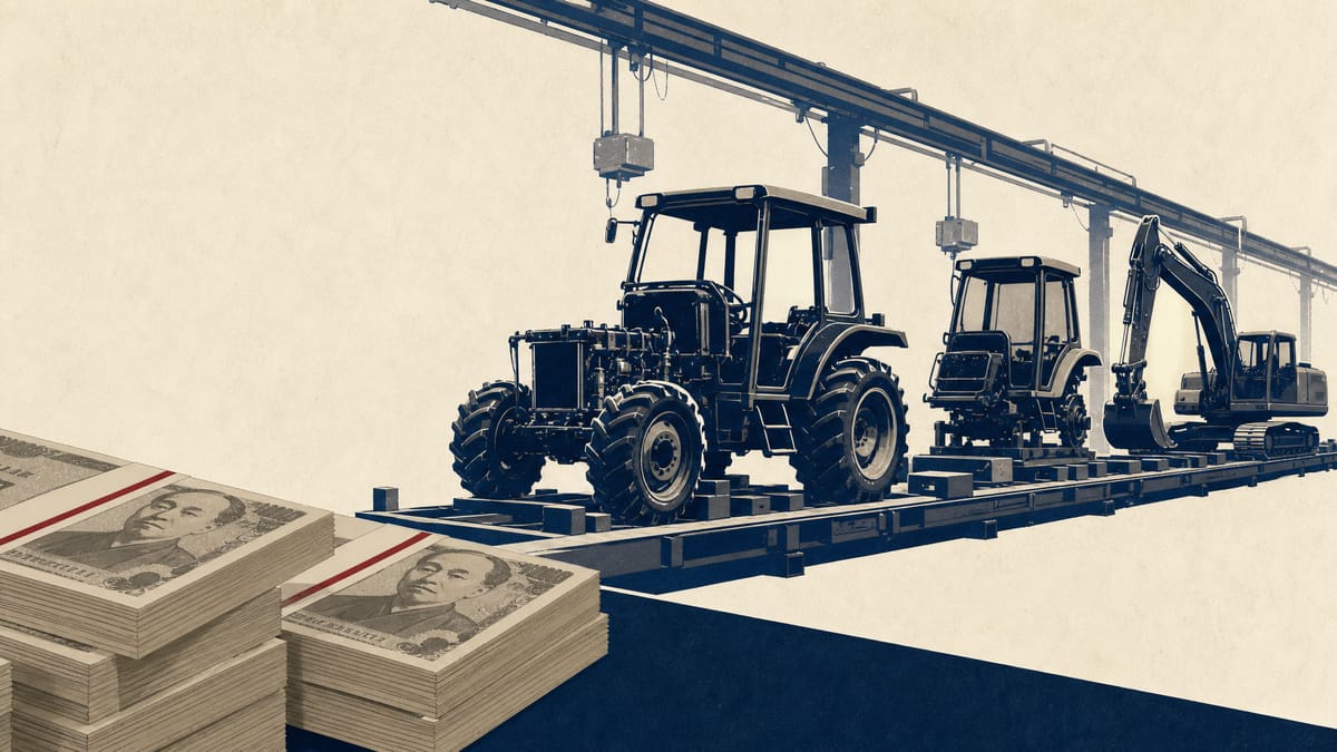 Illustration of tractors and construction machinery on a factory assembly line with stacks of yen banknotes in the foreground, representing currency-driven export profit.